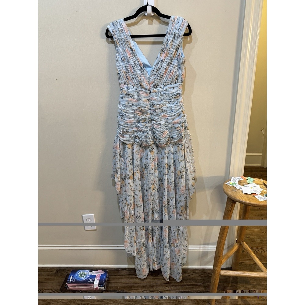 Mac Duggal Floral Print Ruched Cap Sleeve High Low Gown Blue Multi Size 6 - Picture 4 of 13